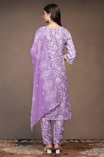 Womens Lavender Cotton Blend Floral Printed Calf Length Kurta And Trouser With Dupatta Set