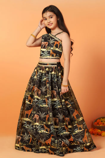 Girls Dark Blue Crepe Silk Anmal Printed One Shoulder Lehenga Choli
