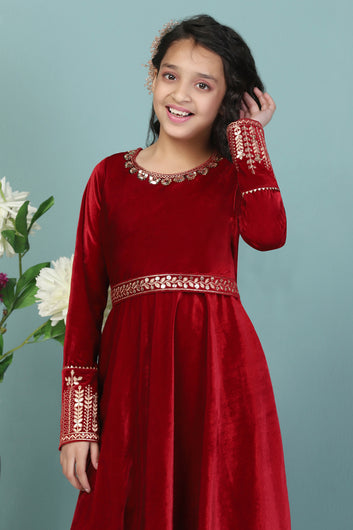 Girls Maroon Velvet Solid Flared Kurta With Pant Set