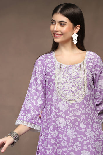 Womens Lavender Cotton Blend Floral Printed Calf Length Kurta And Trouser With Dupatta Set