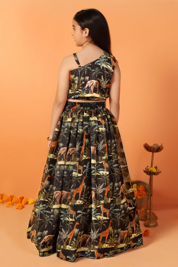 Girls Dark Blue Crepe Silk Anmal Printed One Shoulder Lehenga Choli