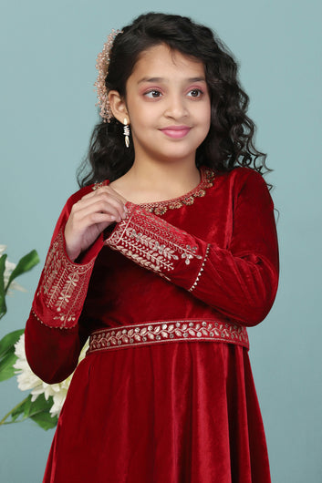 Girls Maroon Velvet Solid Flared Kurta With Pant Set