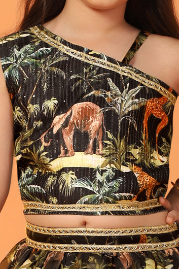 Girls Dark Blue Crepe Silk Anmal Printed One Shoulder Lehenga Choli