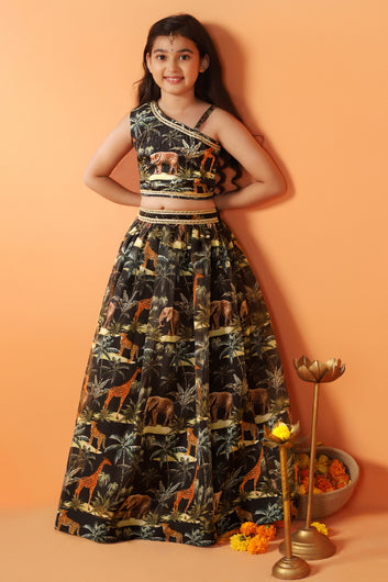Girls Dark Blue Crepe Silk Anmal Printed One Shoulder Lehenga Choli