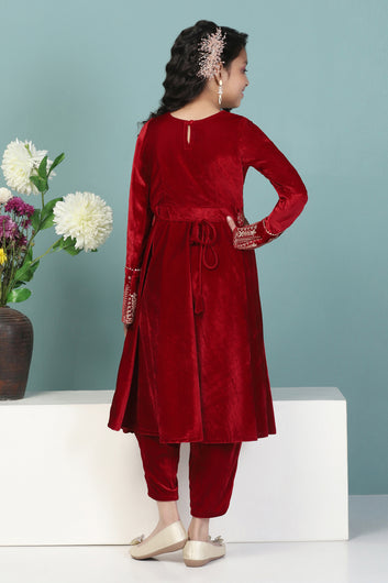 Girls Maroon Velvet Solid Flared Kurta With Pant Set