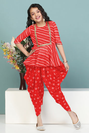 Girls Red Georgette Printed Peplum Style Kurta With Dhoti Set