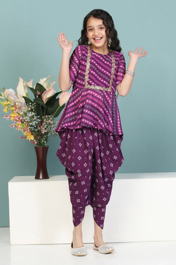 Girls Dark Purple Georgette Leheriya Printed Kurta With Dhoti Set