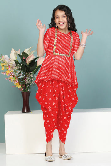 Girls Red Georgette Printed Peplum Style Kurta With Dhoti Set