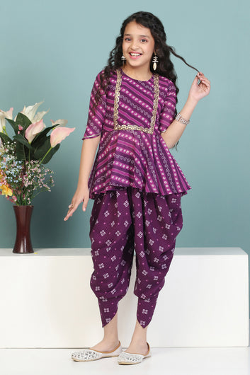 Girls Dark Purple Georgette Leheriya Printed Kurta With Dhoti Set