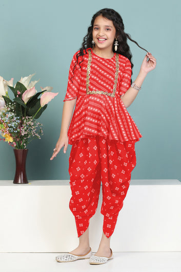 Girls Red Georgette Printed Peplum Style Kurta With Dhoti Set