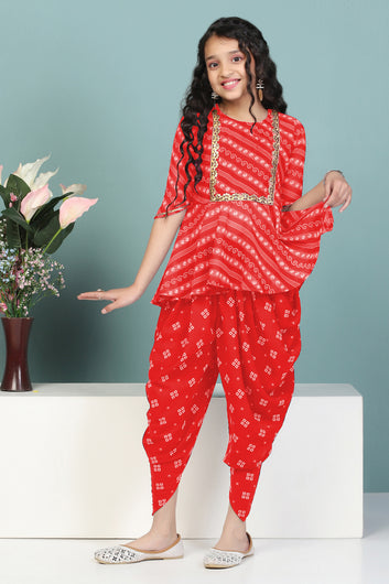 Girls Red Georgette Printed Peplum Style Kurta With Dhoti Set