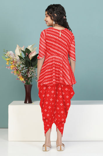 Girls Red Georgette Printed Peplum Style Kurta With Dhoti Set