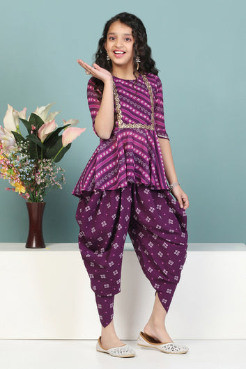 Girls Dark Purple Georgette Leheriya Printed Kurta With Dhoti Set