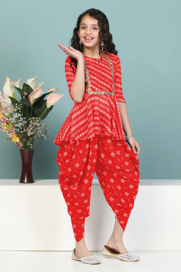 Girls Red Georgette Printed Peplum Style Kurta With Dhoti Set