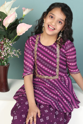 Girls Dark Purple Georgette Leheriya Printed Kurta With Dhoti Set