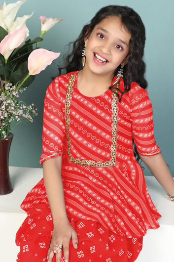 Girls Red Georgette Printed Peplum Style Kurta With Dhoti Set