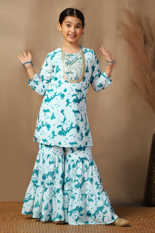 Girls Teal Georgette Printed Straight Kurta With Sharara Set