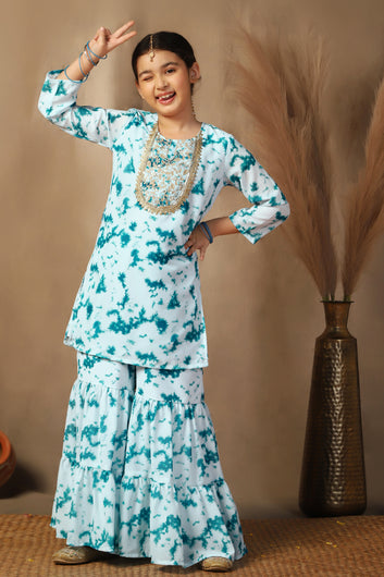 Girls Teal Georgette Printed Straight Kurta With Sharara Set