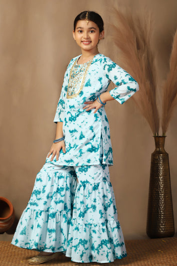 Girls Teal Georgette Printed Straight Kurta With Sharara Set