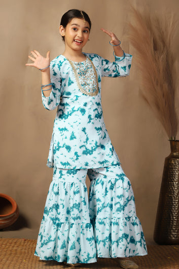 Girls Teal Georgette Printed Straight Kurta With Sharara Set