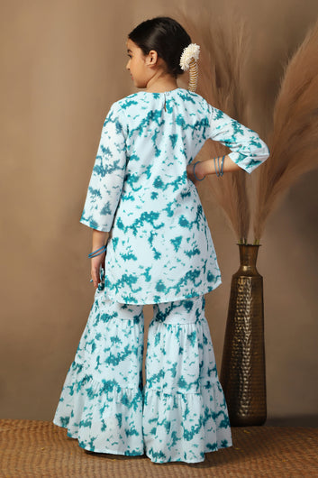 Girls Teal Georgette Printed Straight Kurta With Sharara Set