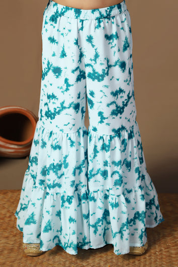 Girls Teal Georgette Printed Straight Kurta With Sharara Set