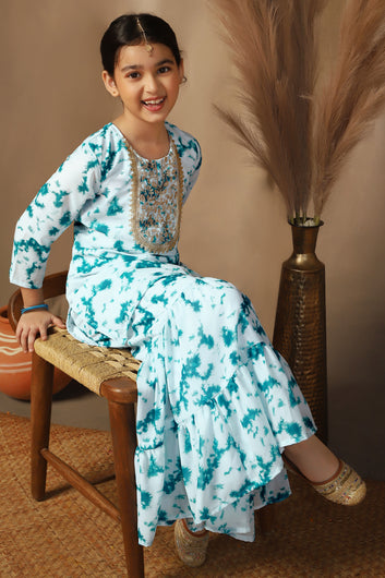 Girls Teal Georgette Printed Straight Kurta With Sharara Set