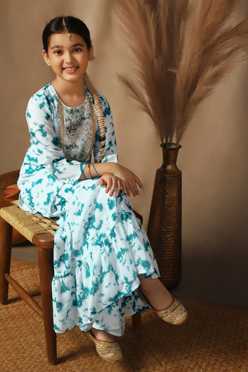 Girls Teal Georgette Printed Straight Kurta With Sharara Set