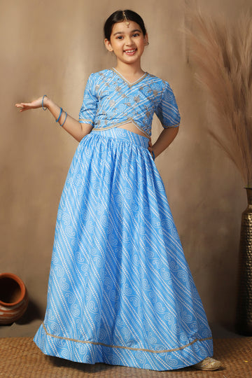 Girls Sky Blue Cotton Blend Leheriya Printed Readymade Lehenga With Choli Set