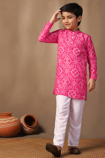 Boy's Pink Muslin Bandhni Printed Kurta With Payjama Set