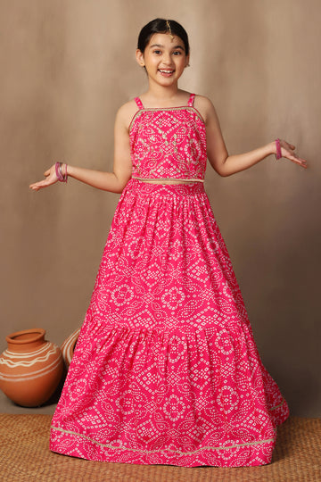 Girls Pink Cotton Blend Bandhani Printed Readymade Lehenga With Choli Set