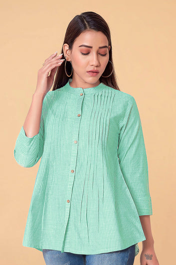 Women's Mint Green Stripe Printed Cotton Top