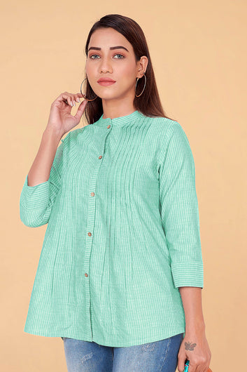Women's Mint Green Stripe Printed Cotton Top