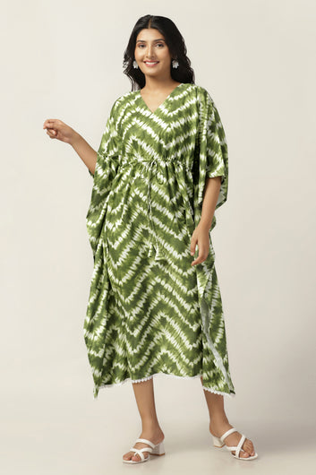 Womens Green Slub Tie & Dye Printed Kaftan Dress