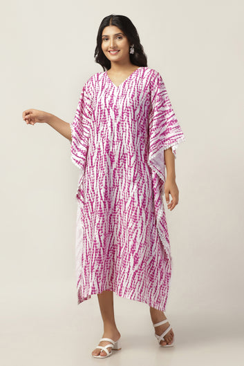 Womens Pink Slub Tie And Dye Printed Kaftan Dress