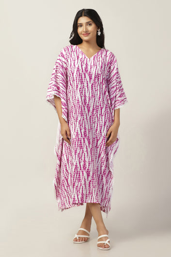 Womens Pink Slub Tie And Dye Printed Kaftan Dress