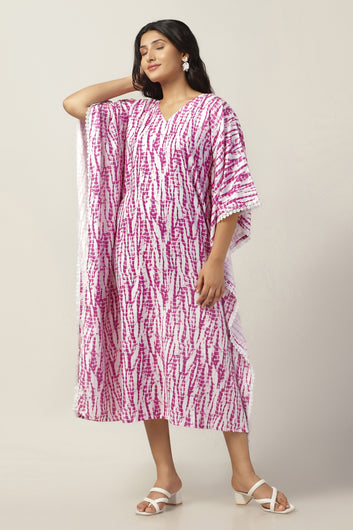 Womens Pink Slub Tie And Dye Printed Kaftan Dress