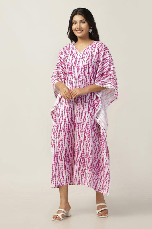 Womens Pink Slub Tie And Dye Printed Kaftan Dress