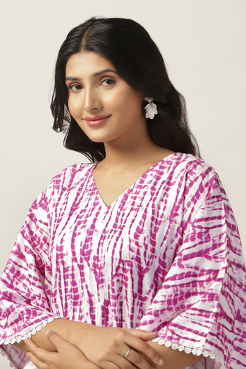 Womens Pink Slub Tie And Dye Printed Kaftan Dress