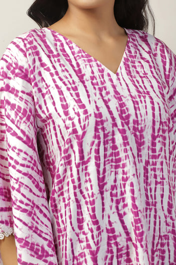 Womens Pink Slub Tie And Dye Printed Kaftan Dress