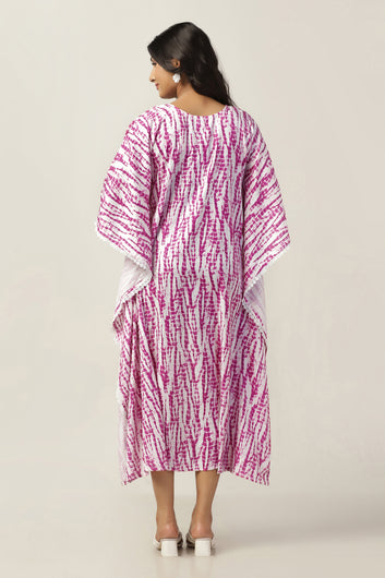 Womens Pink Slub Tie And Dye Printed Kaftan Dress