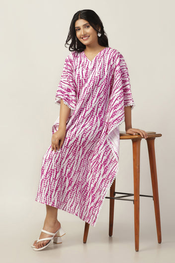 Womens Pink Slub Tie And Dye Printed Kaftan Dress