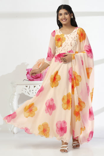 Womens Off White Georgette Floral Printed A-Line Maxi Length Dress With Dupatta Set