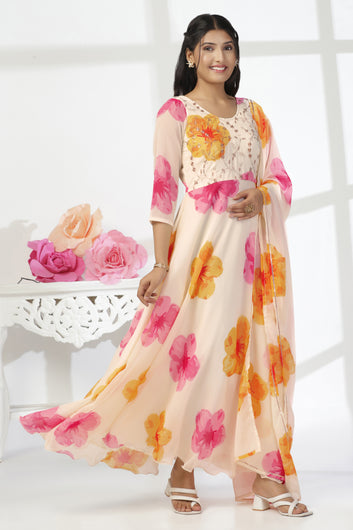 Womens Off White Georgette Floral Printed A-Line Maxi Length Dress With Dupatta Set