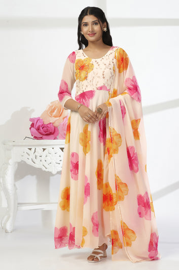 Womens Off White Georgette Floral Printed A-Line Maxi Length Dress With Dupatta Set