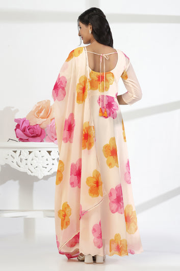 Womens Off White Georgette Floral Printed A-Line Maxi Length Dress With Dupatta Set