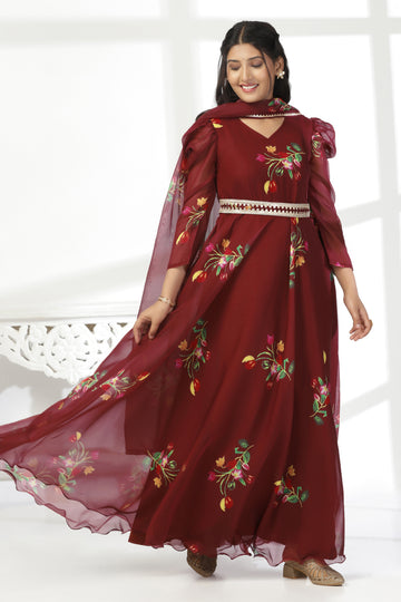 Womens Coffee Organza Floral Printed Maxi Dresses With Dupatta Set