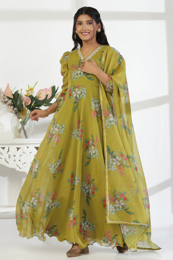 Womens Mehendi Organza Floral Printed Maxi Length Dress With Dupatta Set