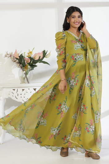 Womens Mehendi Organza Floral Printed Maxi Length Dress With Dupatta Set