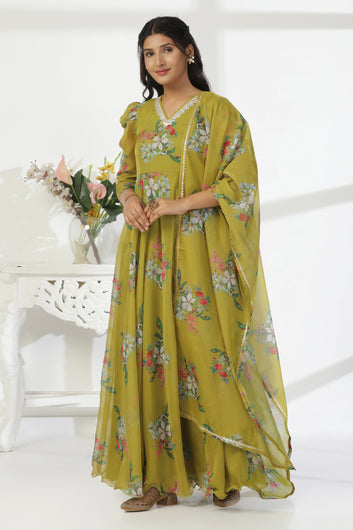 Womens Mehendi Organza Floral Printed Maxi Length Dress With Dupatta Set